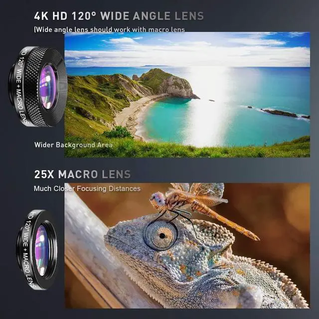 Alt view image 3 of 7 - 6 in 1 Phone Lens Kit - 22x Telephoto Lens, 205° Fisheye Lens, 120° Wide Angle Lens & 25X Macro Lens(Screwed Together), Compatible with iPhone,Samsung,Pixel