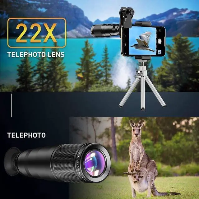 Alt view image 2 of 7 - 6 in 1 Phone Lens Kit - 22x Telephoto Lens, 205° Fisheye Lens, 120° Wide Angle Lens & 25X Macro Lens(Screwed Together), Compatible with iPhone,Samsung,Pixel