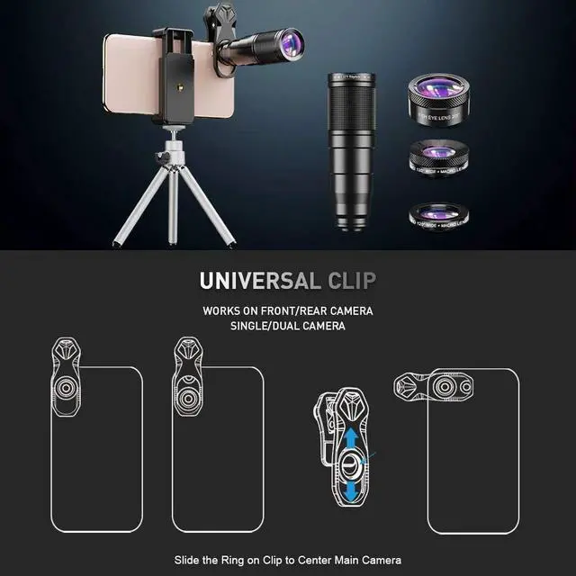 Alt view image 5 of 7 - 6 in 1 Phone Lens Kit - 22x Telephoto Lens, 205° Fisheye Lens, 120° Wide Angle Lens & 25X Macro Lens(Screwed Together), Compatible with iPhone,Samsung,Pixel
