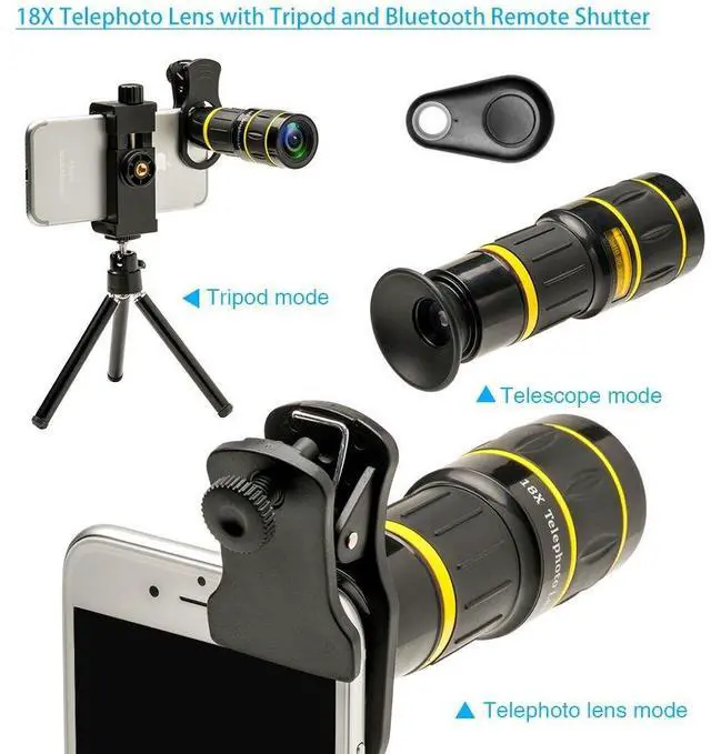 Alt view image 2 of 7 - _Mega Brand Phone Camera Lens with Tripod+ Shutter Remote,6 in 1 18x Telephoto Zoom Lens/Wide Angle/Macro/Fisheye/Kaleidoscope/CPL, Clip-On lense Compatible for iPhone X 8 7 6s Plus, Samsung and More