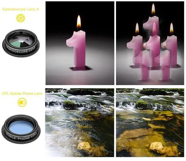 Alt view image 7 of 7 - _Mega Brand Phone Camera Lens with Tripod+ Shutter Remote,6 in 1 18x Telephoto Zoom Lens/Wide Angle/Macro/Fisheye/Kaleidoscope/CPL, Clip-On lense Compatible for iPhone X 8 7 6s Plus, Samsung and More