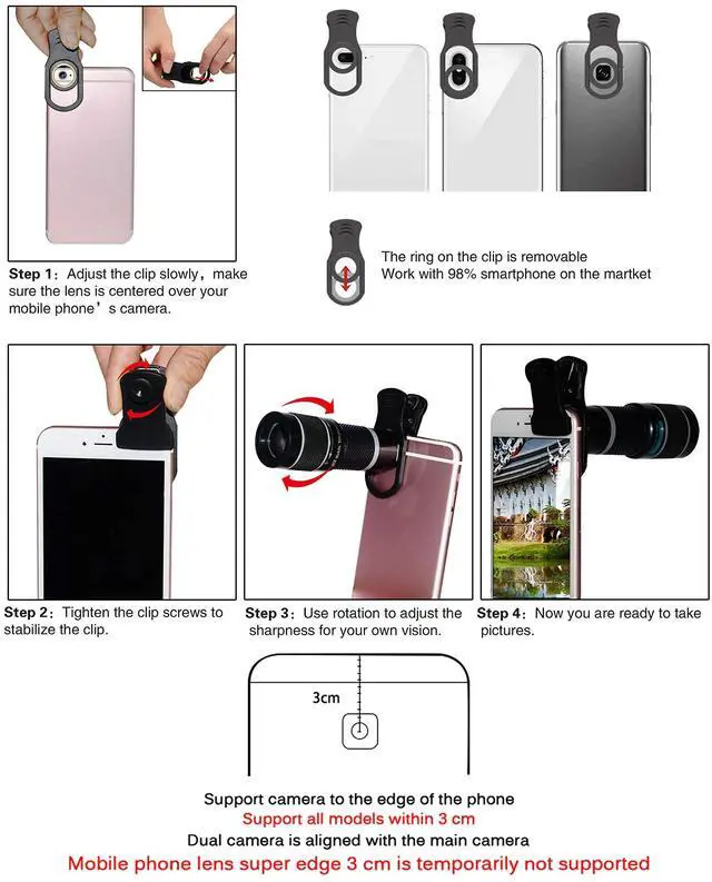 Alt view image 2 of 7 - _Mega Brand Phone Camera Lens Kit,11 in 1 Universal 20x Telephoto 0.63Wide Angle 15X Macro 198°Fisheye 2X Telephoto Kaleidoscope CPL Starlight Eyemask Tripod,for Most iPhone Smartphone (Black)
