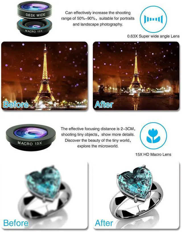 Alt view image 4 of 7 - _Mega Brand Phone Camera Lens Kit,11 in 1 Universal 20x Telephoto 0.63Wide Angle 15X Macro 198°Fisheye 2X Telephoto Kaleidoscope CPL Starlight Eyemask Tripod,for Most iPhone Smartphone (Black)