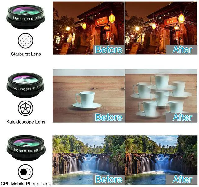 Alt view image 6 of 7 - _Mega Brand Phone Camera Lens Kit,11 in 1 Universal 20x Telephoto 0.63Wide Angle 15X Macro 198°Fisheye 2X Telephoto Kaleidoscope CPL Starlight Eyemask Tripod,for Most iPhone Smartphone (Black)