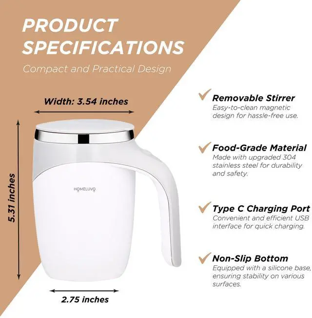 Alt view image 7 of 7 - _Mega Brand Stirring Coffee Mug - Intelligent Magnetic Mixing & Spinning Cup with Built-in Magnet Mixer Spinner and Stirrer - Rechargeable Electric Stainless Steel Stir Blender Mug with Lid