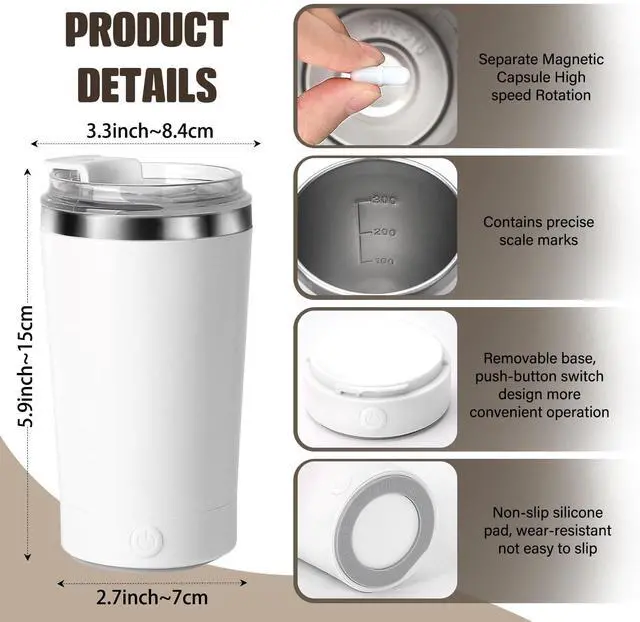 Alt view image 3 of 7 - _Mega Brand Electric Stirring Coffee Mug, Self Mixing Mug 400ML Stainless Steel Automatic Stirring Mixer Cup Suitable for Coffee, Milk, Cocoa and Other Beverages (White)