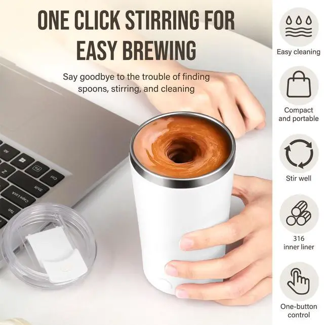 Alt view image 6 of 7 - _Mega Brand Electric Stirring Coffee Mug, Self Mixing Mug 400ML Stainless Steel Automatic Stirring Mixer Cup Suitable for Coffee, Milk, Cocoa and Other Beverages (White)