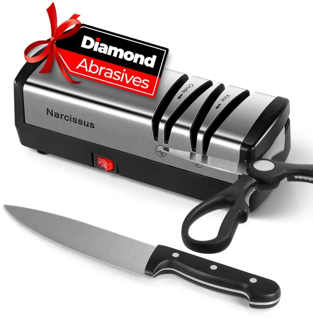Main image of Knife Sharpener, Diamond Abrasives Electric Knife Sharpener for Stainless Steel and Ceramic Knives, with Scissors Sharpener & Metal Dust Collection Box, Quick Sharpening & Polishing, Silver