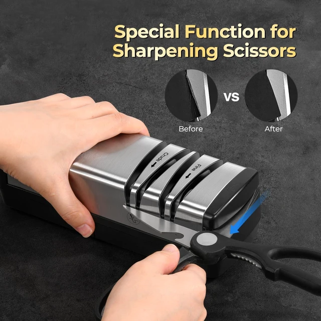 Alt view image 6 of 7 - Knife Sharpener, Diamond Abrasives Electric Knife Sharpener for Stainless Steel and Ceramic Knives, with Scissors Sharpener & Metal Dust Collection Box, Quick Sharpening & Polishing, Silver
