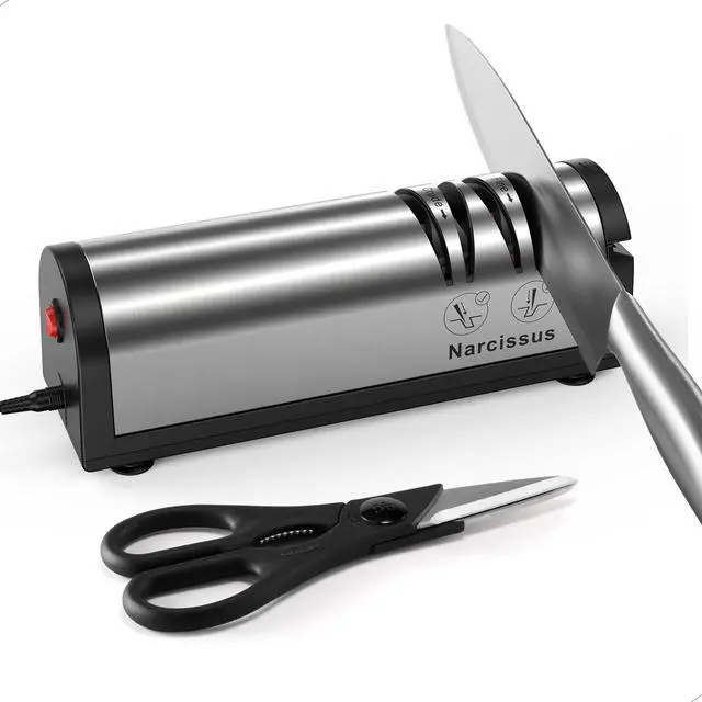 Main image of Knife Sharpener, Professional 2 Stage Electric Knife Sharpener for Quick Sharpening & Polishing, with Scissors Sharpener and Metal Dust Collection Box, Stainless Steel, Silver