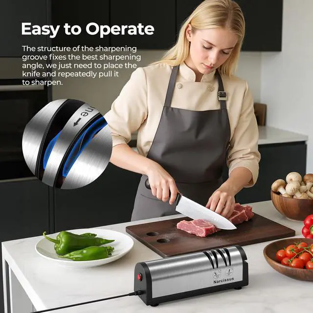 Alt view image 6 of 7 - Knife Sharpener, Professional 2 Stage Electric Knife Sharpener for Quick Sharpening & Polishing, with Scissors Sharpener and Metal Dust Collection Box, Stainless Steel, Silver