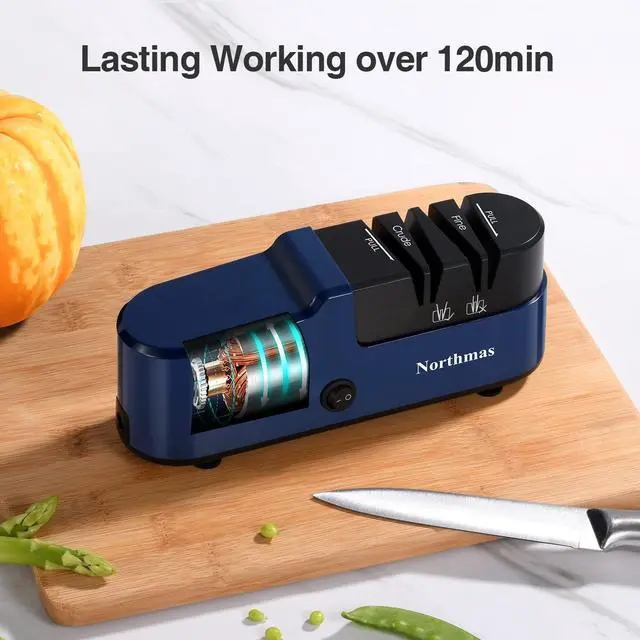Alt view image 5 of 7 - _Mega Brand Knife Sharpener, Professional Electric Knife Sharpener for Home Use, 2 Stages for Quick Sharpening & Polishing, 100V-240V Global Voltage Design, Blue