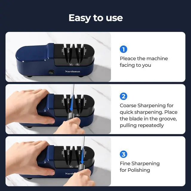Alt view image 6 of 7 - _Mega Brand Knife Sharpener, Professional Electric Knife Sharpener for Home Use, 2 Stages for Quick Sharpening & Polishing, 100V-240V Global Voltage Design, Blue