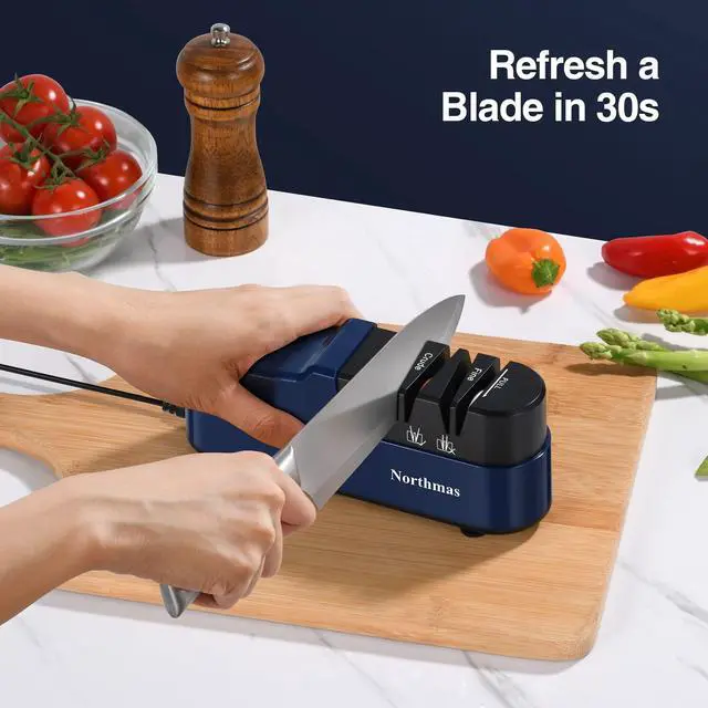 Alt view image 4 of 7 - _Mega Brand Knife Sharpener, Professional Electric Knife Sharpener for Home Use, 2 Stages for Quick Sharpening & Polishing, 100V-240V Global Voltage Design, Blue