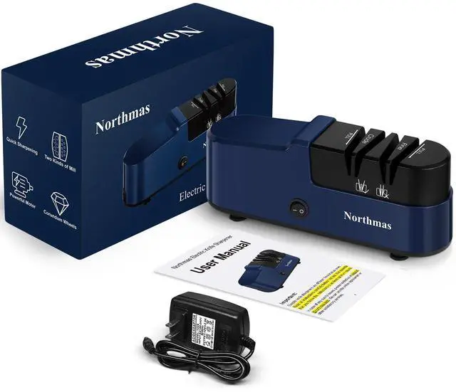 Alt view image 7 of 7 - _Mega Brand Knife Sharpener, Professional Electric Knife Sharpener for Home Use, 2 Stages for Quick Sharpening & Polishing, 100V-240V Global Voltage Design, Blue