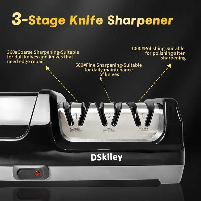 Alt view image 4 of 7 - Professional 3-stage Electric Knife Sharpener for Kitchen Knives, with 100% Diamond Abrasive 20° Precision Angle Guide, Quickly Sharpening, Repairing/Restoring/Polish Blades (Black)