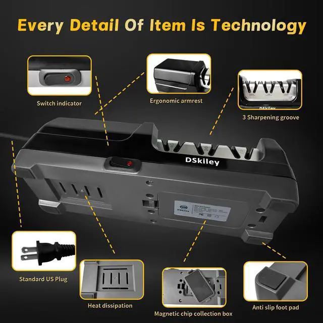 Alt view image 5 of 7 - Professional 3-stage Electric Knife Sharpener for Kitchen Knives, with 100% Diamond Abrasive 20° Precision Angle Guide, Quickly Sharpening, Repairing/Restoring/Polish Blades (Black)