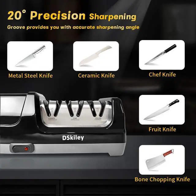 Alt view image 6 of 7 - Professional 3-stage Electric Knife Sharpener for Kitchen Knives, with 100% Diamond Abrasive 20° Precision Angle Guide, Quickly Sharpening, Repairing/Restoring/Polish Blades (Black)