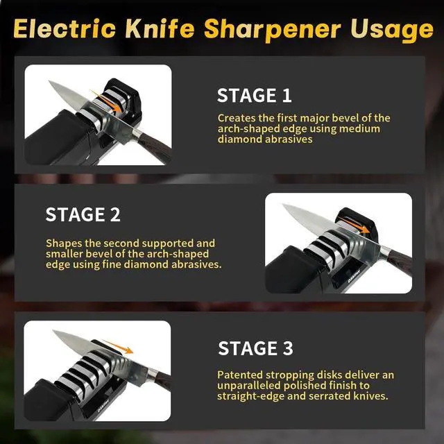 Alt view image 7 of 7 - Professional 3-stage Electric Knife Sharpener for Kitchen Knives, with 100% Diamond Abrasive 20° Precision Angle Guide, Quickly Sharpening, Repairing/Restoring/Polish Blades (Black)