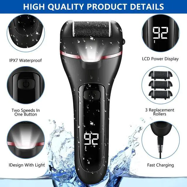 Alt view image 2 of 7 - _Mega Brand Electric Foot Callus Remover, 16 Pack Foot File Pedicure Kit Tools,Waterproof Foot Scrubber Dead Skin Remover with 3 Roller Heads & 2-Speed Power Pedicure Tools for Feet Hands Heel (Black)