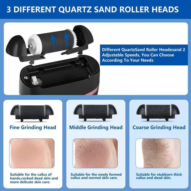 Alt view image 3 of 7 - _Mega Brand Electric Foot Callus Remover, 16 Pack Foot File Pedicure Kit Tools,Waterproof Foot Scrubber Dead Skin Remover with 3 Roller Heads & 2-Speed Power Pedicure Tools for Feet Hands Heel (Black)