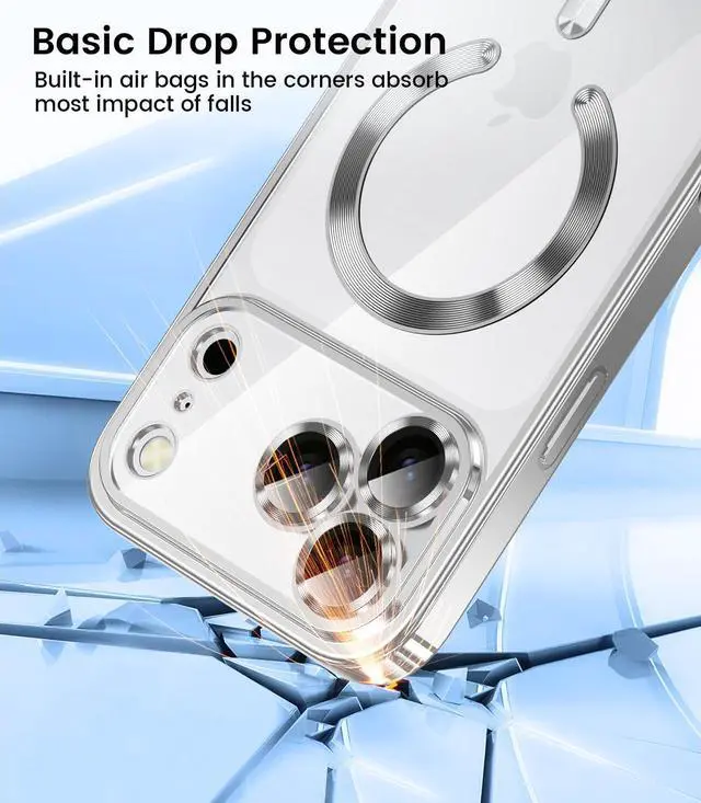 Alt view image 6 of 7 - _Mega Brand Slim Thin for iPhone 17 Pro Case Clear, Compatible with MagSafe, Built-in Camera Lens Protector, Shockproof Protective Phone Case, Soft Electroplated Magnetic Cover, Silver