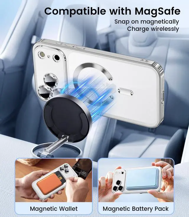 Alt view image 2 of 7 - _Mega Brand Slim Thin for iPhone 17 Pro Case Clear, Compatible with MagSafe, Built-in Camera Lens Protector, Shockproof Protective Phone Case, Soft Electroplated Magnetic Cover, Silver