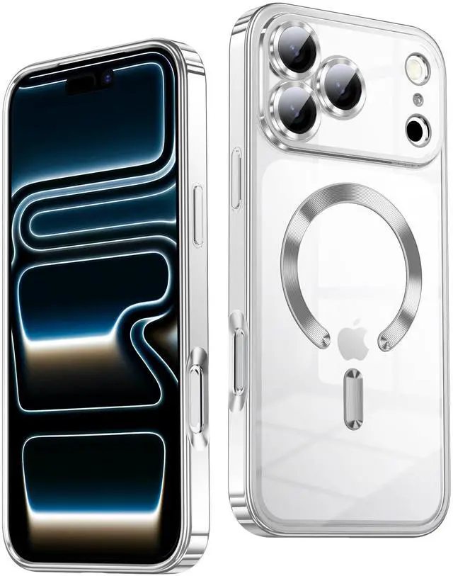 Main image of _Mega Brand Slim Thin for iPhone 17 Pro Case Clear, Compatible with MagSafe, Built-in Camera Lens Protector, Shockproof Protective Phone Case, Soft Electroplated Magnetic Cover, Silver