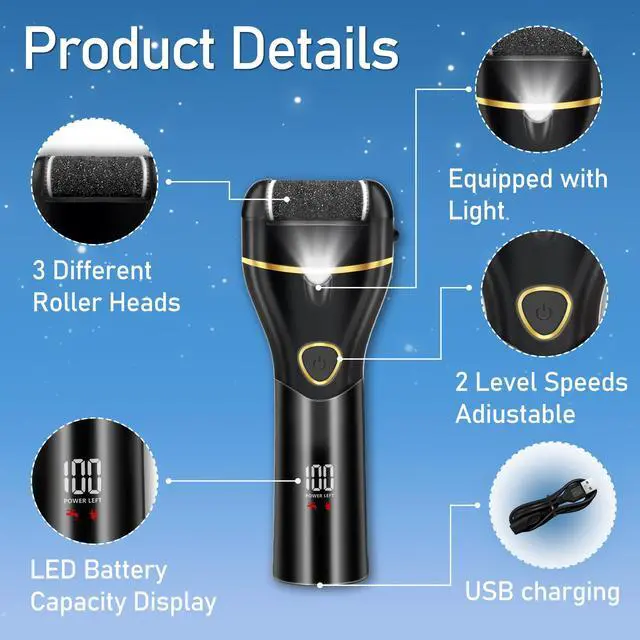 Alt view image 6 of 7 - _Mega Brand Callus Remover for Feet, Electric Foot Callus Remover Waterproof with 3 Rollers 2 Speed Battery Display,17 in1 Rechargeable Foot File Pedicure Kits for Dead Hard Cracked Dry Skin