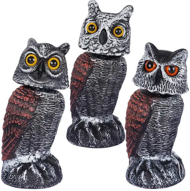 Main image of _Mega Brand 3 Pack Bird Scarecrow Fake Horned Owl Decoy, Rotating Head Plastic Owl Bird Deterrents, Nature Enemy Horned Pest Repellent for Outdoor Garden