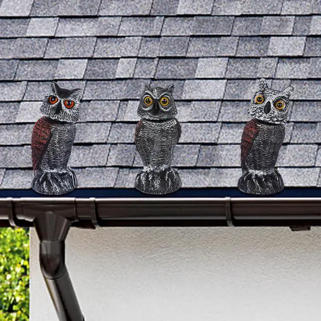 Alt view image 5 of 7 - _Mega Brand 3 Pack Bird Scarecrow Fake Horned Owl Decoy, Rotating Head Plastic Owl Bird Deterrents, Nature Enemy Horned Pest Repellent for Outdoor Garden