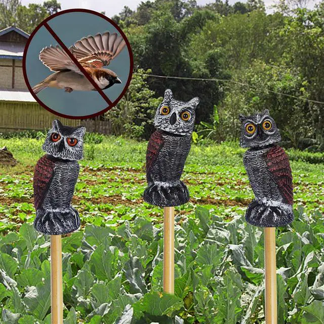 Alt view image 7 of 7 - _Mega Brand 3 Pack Bird Scarecrow Fake Horned Owl Decoy, Rotating Head Plastic Owl Bird Deterrents, Nature Enemy Horned Pest Repellent for Outdoor Garden