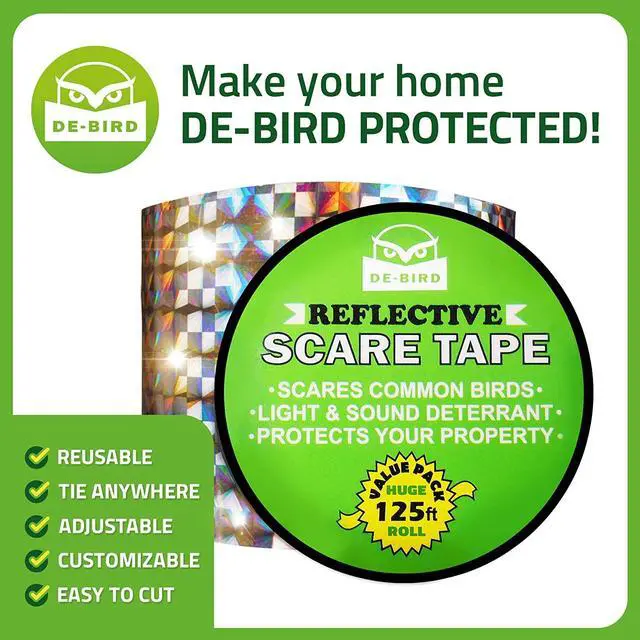 Alt view image 7 of 7 - _Mega Brand Scare Tape - 125 Ft Roll, Holographic, Garden Style - Reflective Tape for Birds - Pigeon & Goose Control, Balcony & Patio Nest Deterrent