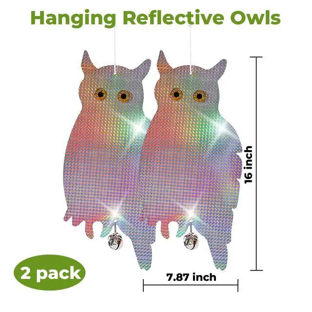 Alt view image 7 of 7 - _Mega Brand Fake Owl Hanging Reflective Owl Woodpecker Bird Deterrent Control Device for House Windows Outdoor Garden Yard, 2 Pack