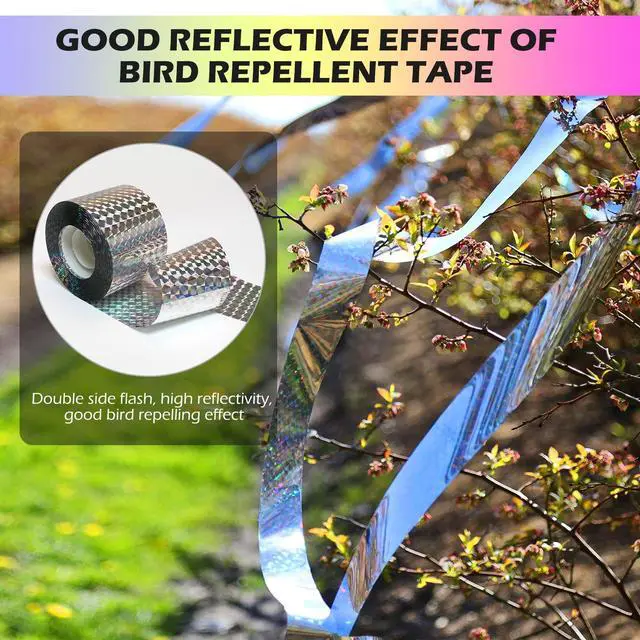 Alt view image 4 of 7 - _Mega Brand Bird Scare Tape Ribbon(700FT) Reflective Tape Keep Birds Away Outdoor,Double Side Bird Flash Tape, Scare Geese, Pigeon, Duck, Woodpecker