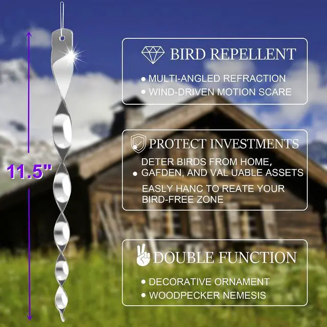 Alt view image 3 of 7 - _Mega Brand 10 Pack Bird Deterrents for Outside, Bird Repellent Hanging Silver Plastic Reflectors Scare Rods, Garden Decorative Reflective Scare Birds Away, Like Woodpeckers, Pigeons and Geese