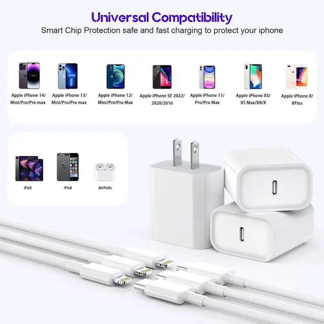 Alt view image 7 of 7 - 10Foot Fast iPhone Charging Cable,3-Pack Super Fast i Phone Charger USB C Charging Block Wall Charger PD Adapter with 10FT Type C to Lightning Cable Cord for iPhone 14/13/12/11ProMax/XS Max/XS/XR/8/SE