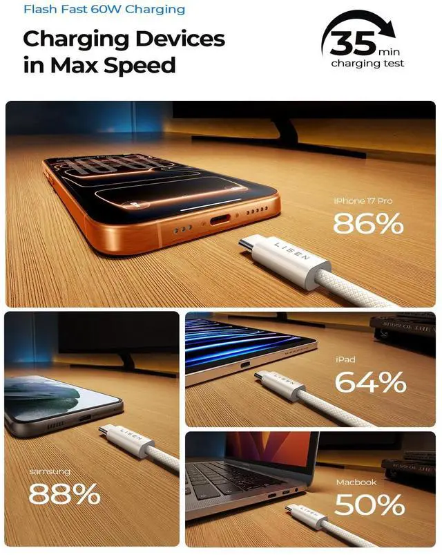 Alt view image 3 of 7 - _Mega BrandiPhone 16 15 USB C to USB C Fast Charging, 60W USB C Cable Type C Fast Charging Cable for iPhone 16 15,Samsung Galaxy S25 Ultra Plus S24 S23 iPad Pro 13 12.9inch, iPad Air 5,White 3Pack 6FT