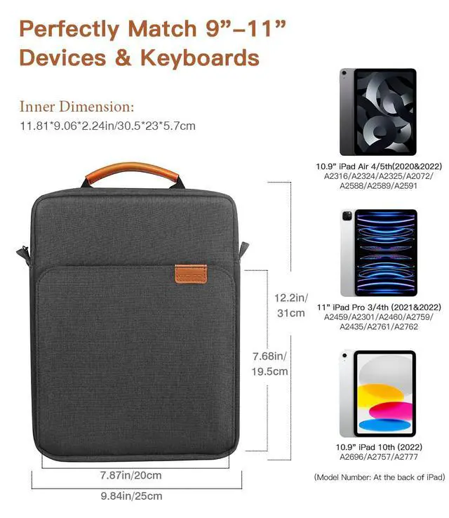 Alt view image 2 of 7 - _Mega Brand Tablet Sleeve Bag Handle Carrying Case with Shoulder Strap Fits iPad Pro 11 inch,iPad 10th 10.9,iPad 9/8/7th Generation 10.2,iPad Air 5/4th 10.9,iPad 9.7,Tab S8/S9 11", Black & Gray