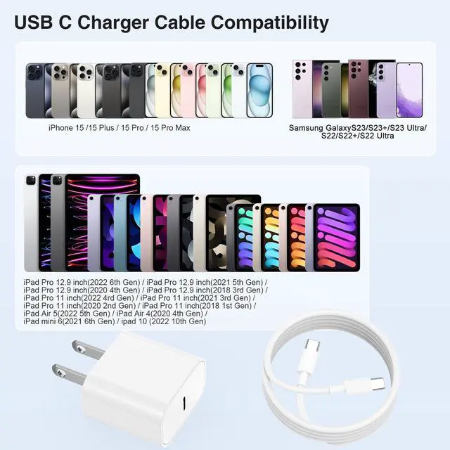 Alt view image 7 of 7 - _Mega Brand Block and 10ft Type C to C Cable Cord Long, 20W USB C Fast Charging Plug for Apple iPhone 17 Pro Max/17 Air/16 Pro Max/16 Plus/15 Pro/15/AirPods/iPad/Mini Wall Cube Brick Box
