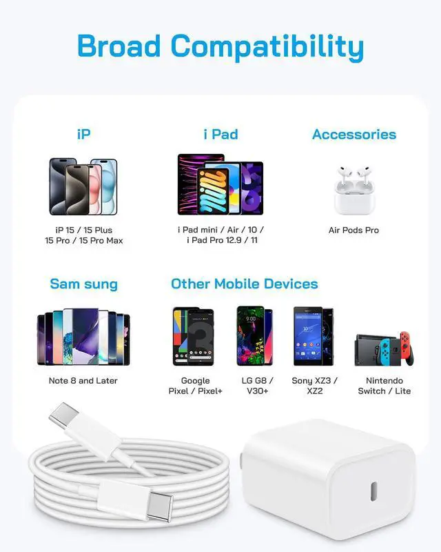 Alt view image 7 of 7 - i Phone 17 16 15 Charger Fast Charging - 20W PD Fast Charger Block with 6Ft USB C Cable for i Phone 17/16/15 Series, i Pad Pro/Air/Mini, Galaxy S23, Pixel 8 & More (2-Pack)