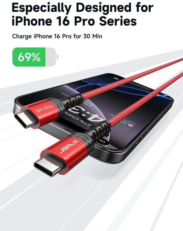 Alt view image 2 of 7 - 100W USB C to USB C Cable, 2-Pack 6.6FT, 5A Fast Charging, Red
