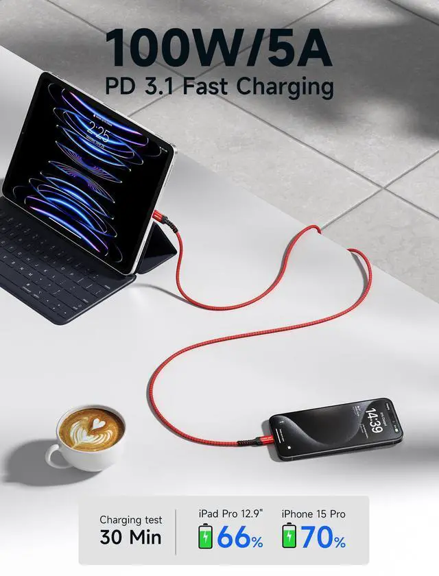 Alt view image 2 of 7 - 100W USB C to USB C Cable for iPhone 17, USBC Type C Charge Cord 5A Fast Charging Compatible with iPhone 17 Air 16 15 Pro Max Samsung Galaxy S25 S24 MacBook iPad Pro Carplay (2-Pack, 3.3ft) Red