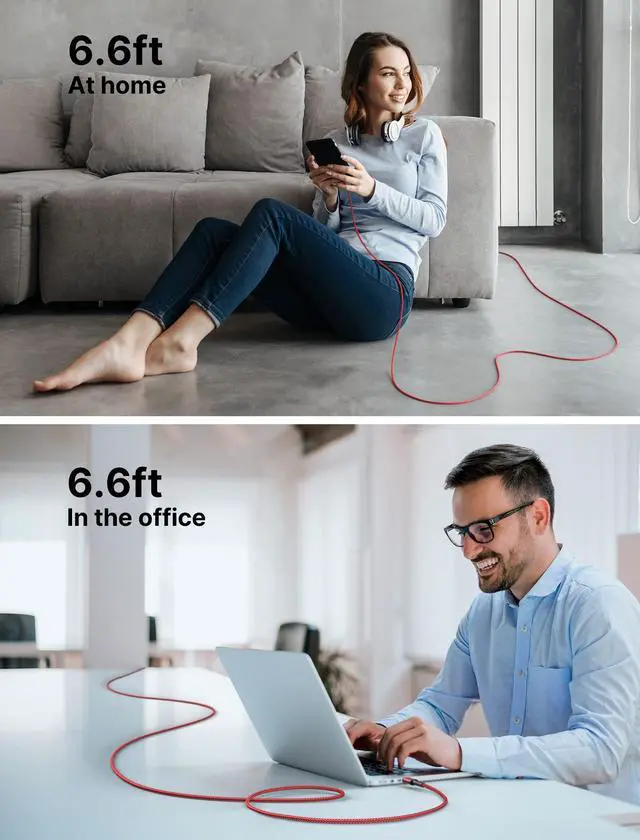 Alt view image 4 of 7 - 100W USB C to USB C Cable, 2-Pack 6.6FT, 5A Fast Charging, Red