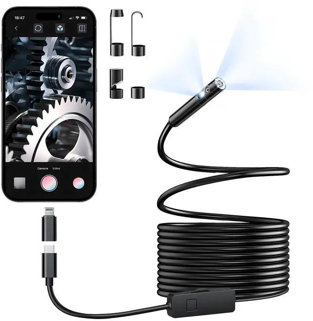 Main image of Endoscope Camera with Light, 1920P HD Borescope with 8+1 Adjustable LED Lights, IP67 Waterproof 16.5FT Semi-Rigid Snake Cord Inspection Camera for iPhone, iPad and Android Phone (Type C)
