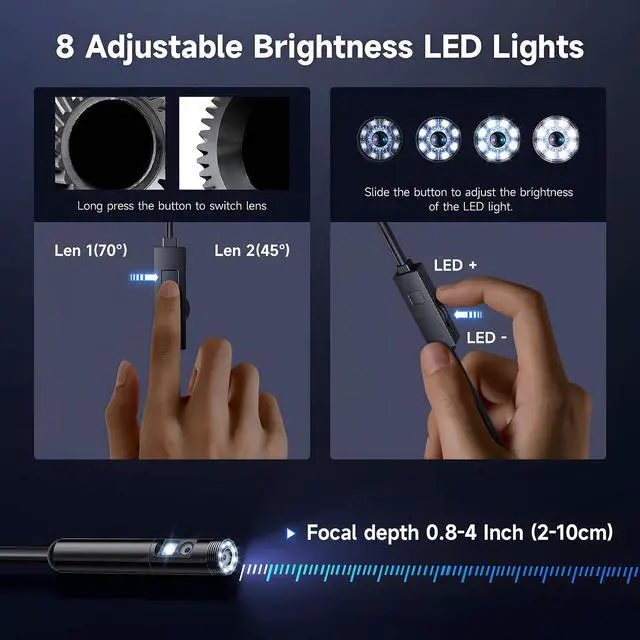 Alt view image 4 of 7 - Endoscope Camera with Light, 1920P HD Borescope with 8+1 Adjustable LED Lights, IP67 Waterproof 16.5FT Semi-Rigid Snake Cord Inspection Camera for iPhone, iPad and Android Phone (Type C)