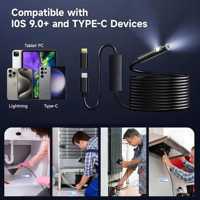 Alt view image 6 of 7 - Endoscope Camera with Light, 1920P HD Borescope with 8+1 Adjustable LED Lights, IP67 Waterproof 16.5FT Semi-Rigid Snake Cord Inspection Camera for iPhone, iPad and Android Phone (Type C)