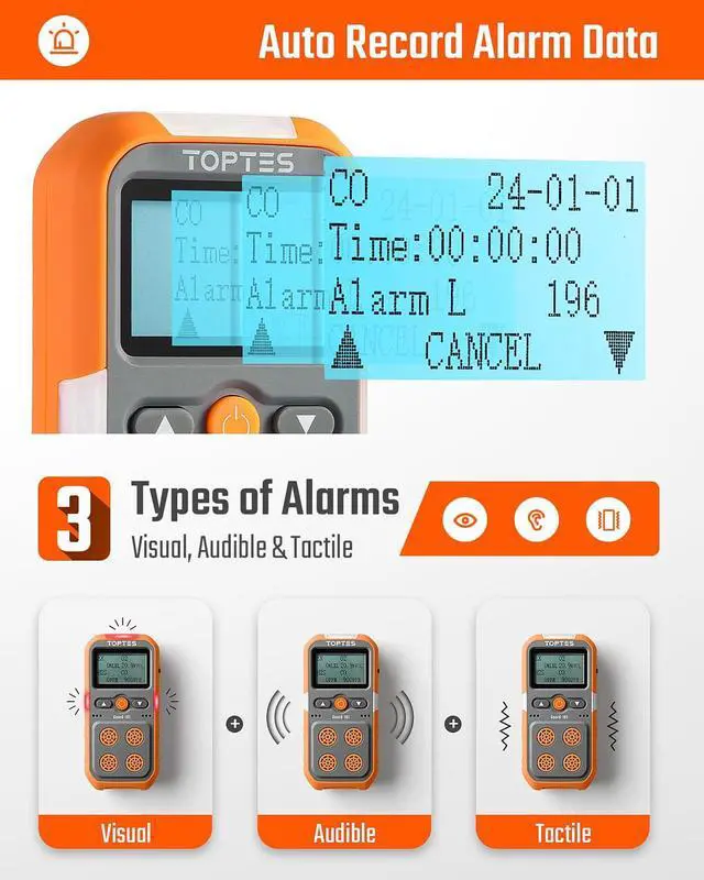 Alt view image 3 of 7 - _Mega Brand Guard-101 Gas Detector, 4 Gas Monitor for H2S, CO, LEL and O2, with Vibration, Visual and Audible Alarms, 14h Long Battery Life, Safety Explosion-Proof, for Work, Home - Orange