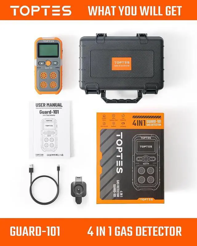 Alt view image 7 of 7 - _Mega Brand Guard-101 Gas Detector, 4 Gas Monitor for H2S, CO, LEL and O2, with Vibration, Visual and Audible Alarms, 14h Long Battery Life, Safety Explosion-Proof, for Work, Home - Orange