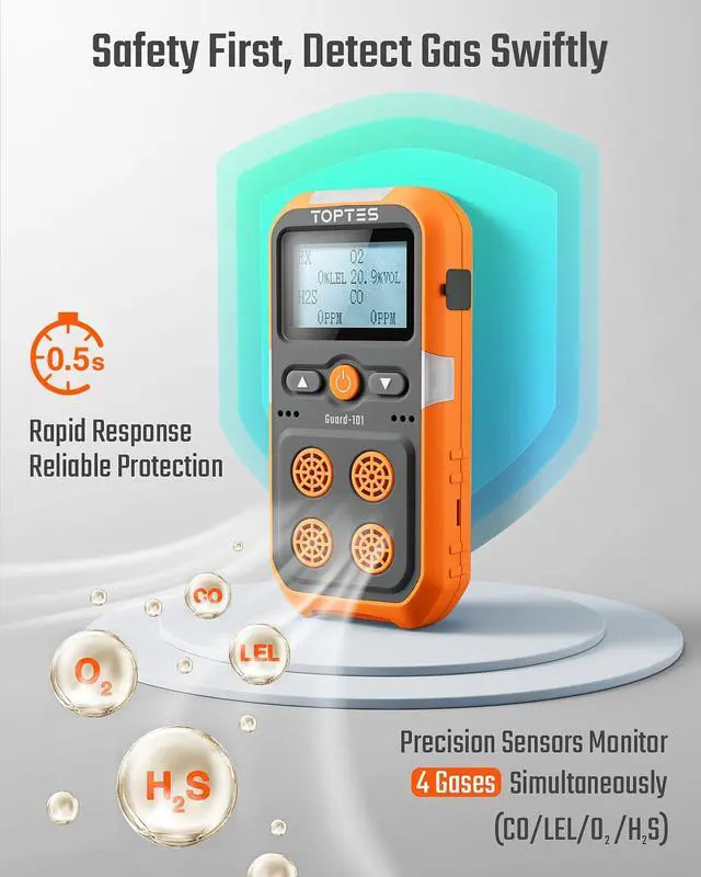 Alt view image 2 of 7 - _Mega Brand Guard-101 Gas Detector, 4 Gas Monitor for H2S, CO, LEL and O2, with Vibration, Visual and Audible Alarms, 14h Long Battery Life, Safety Explosion-Proof, for Work, Home - Orange
